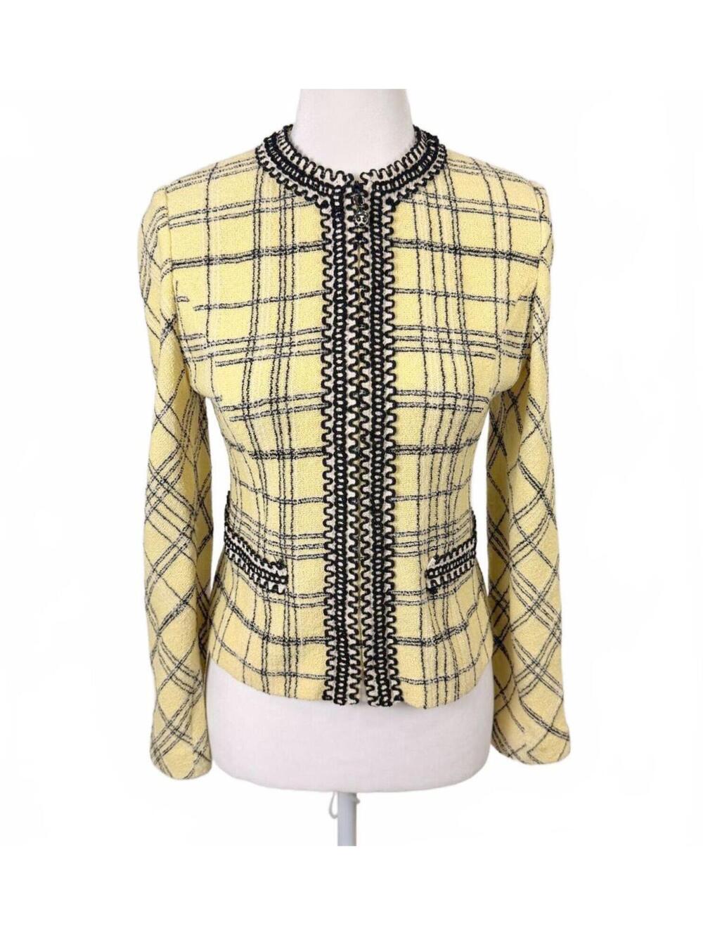 St John Collection Yellow Black Plaid Knit Tweed Jacket Whipstitch‎ Trim Size 2